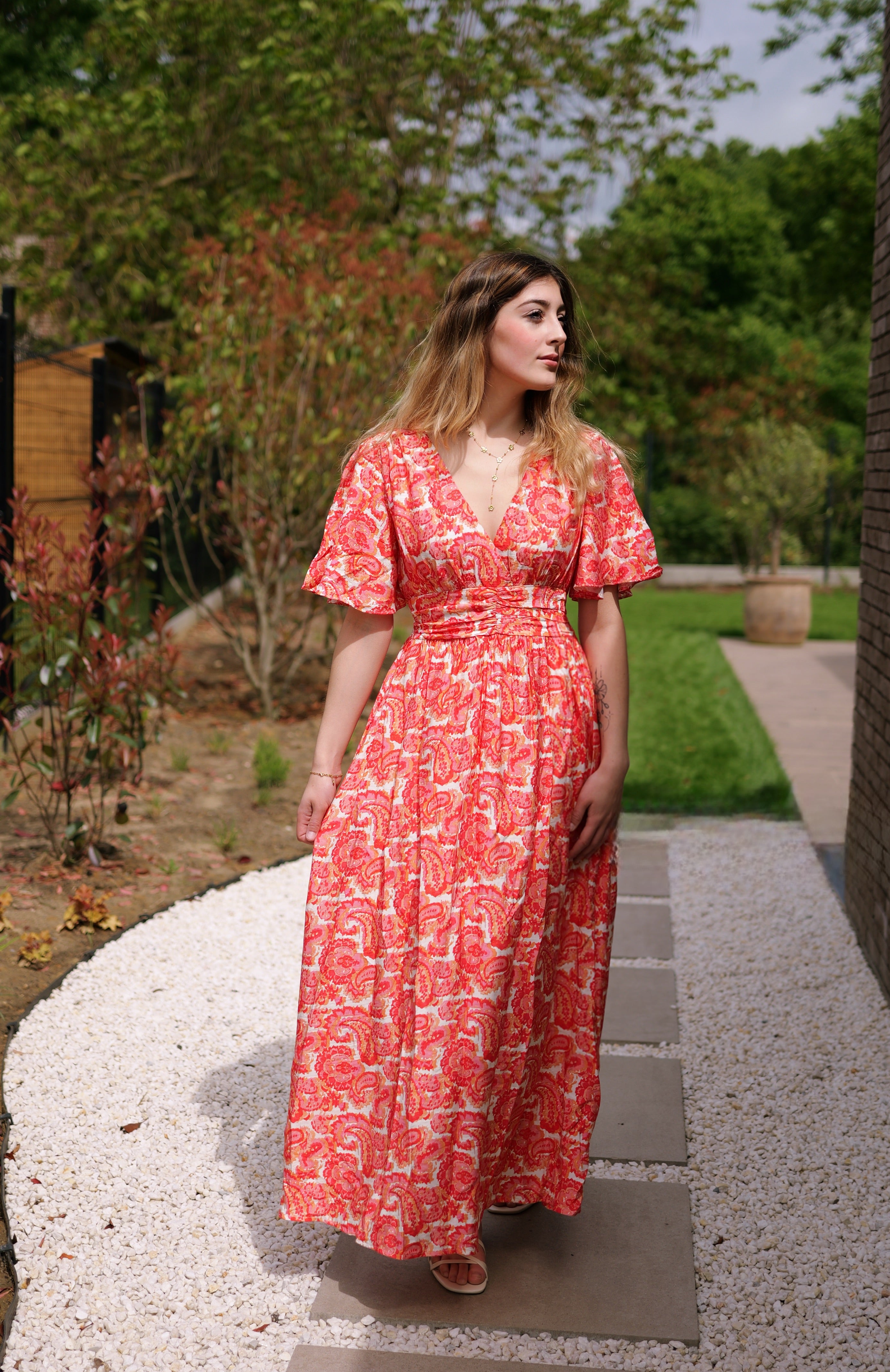 Robe longue imprimé corail