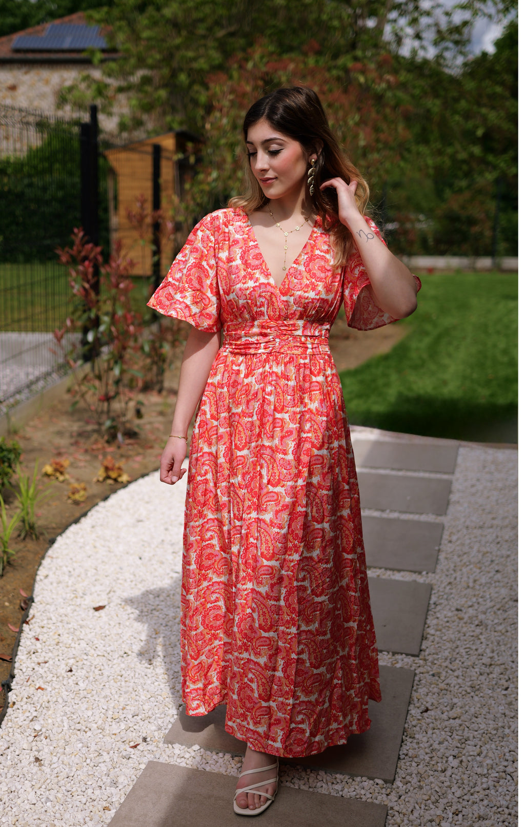 Robe longue imprimé corail