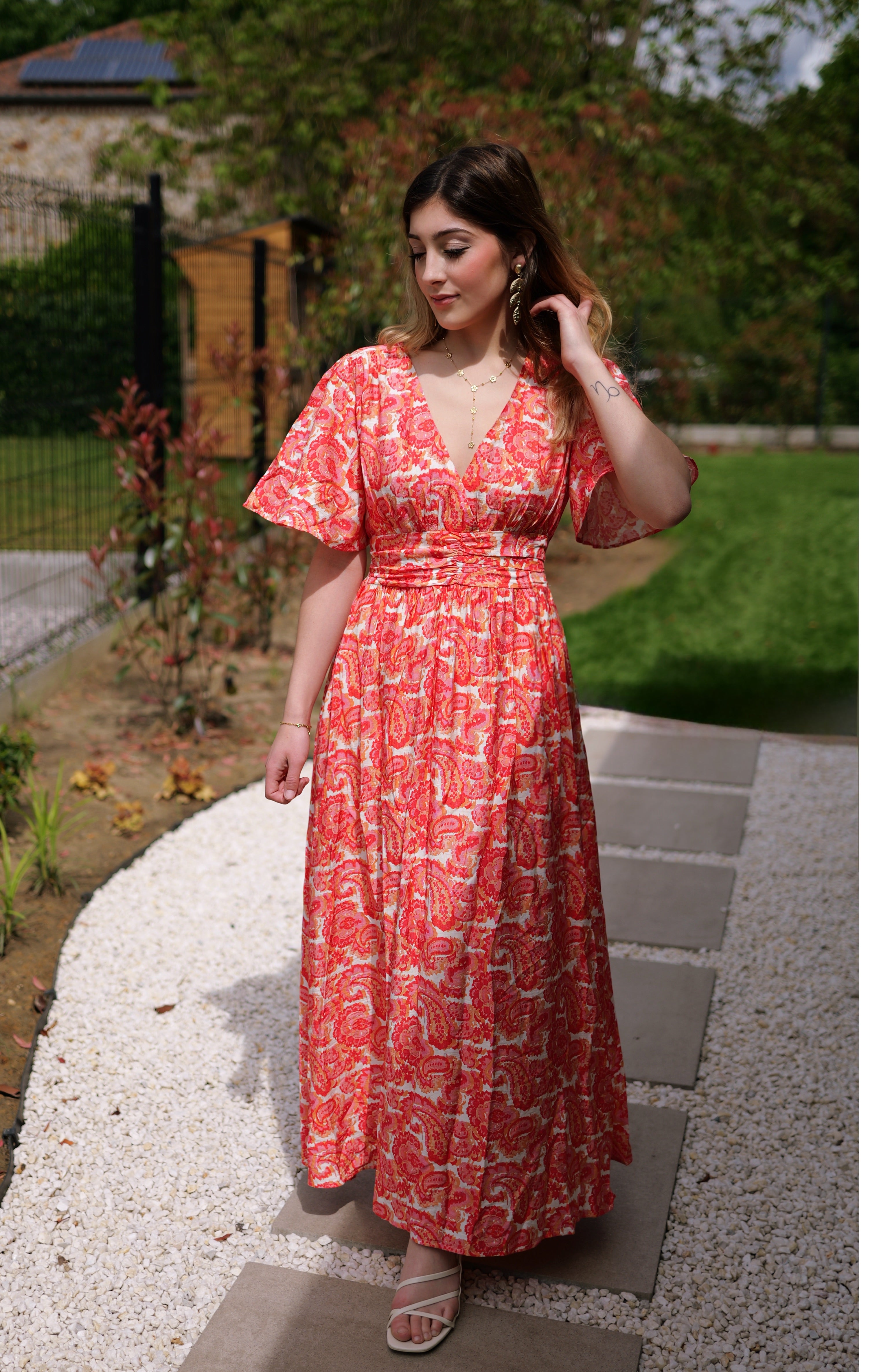 Robe longue imprimé corail