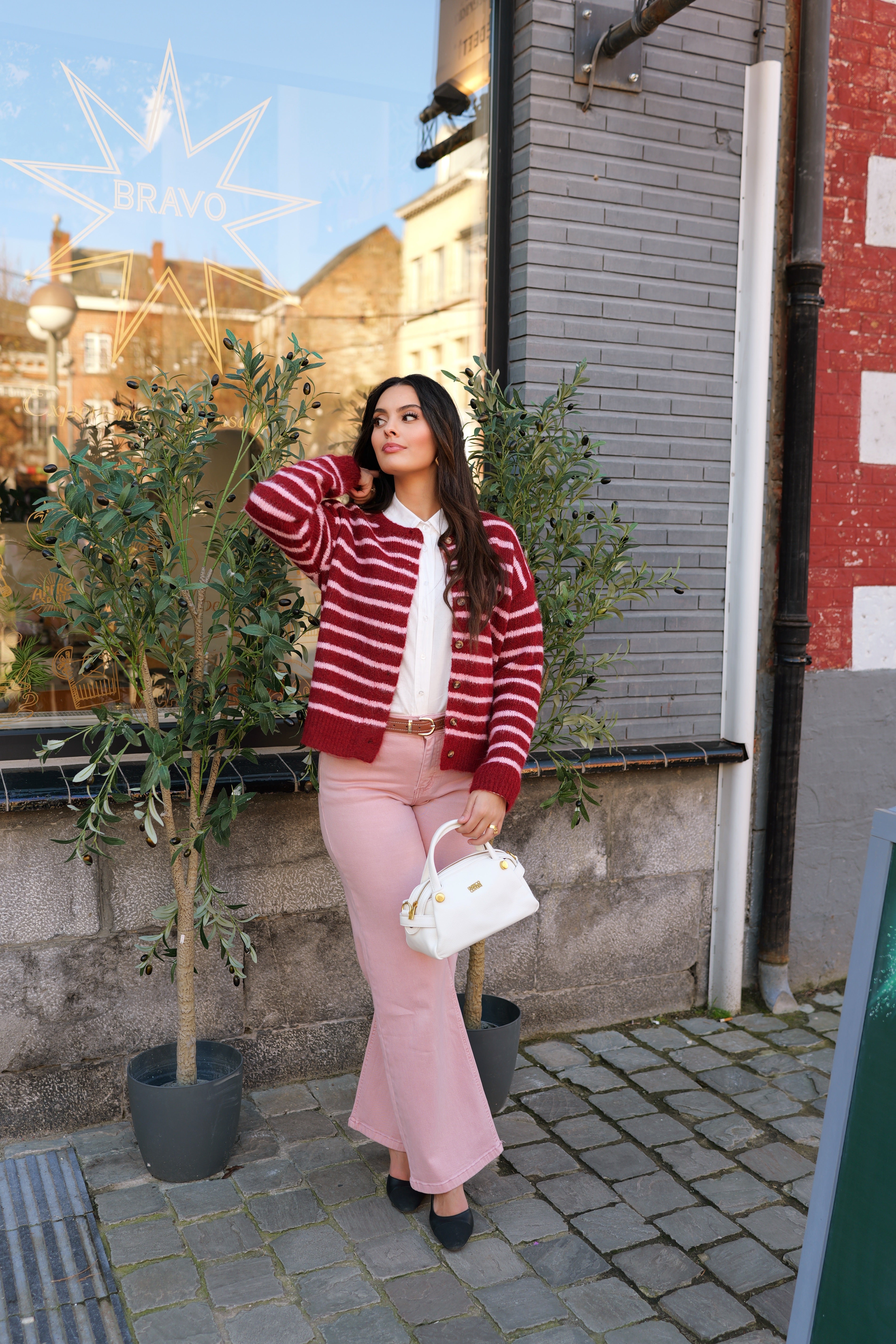 Gilet rayé bordeaux & rose