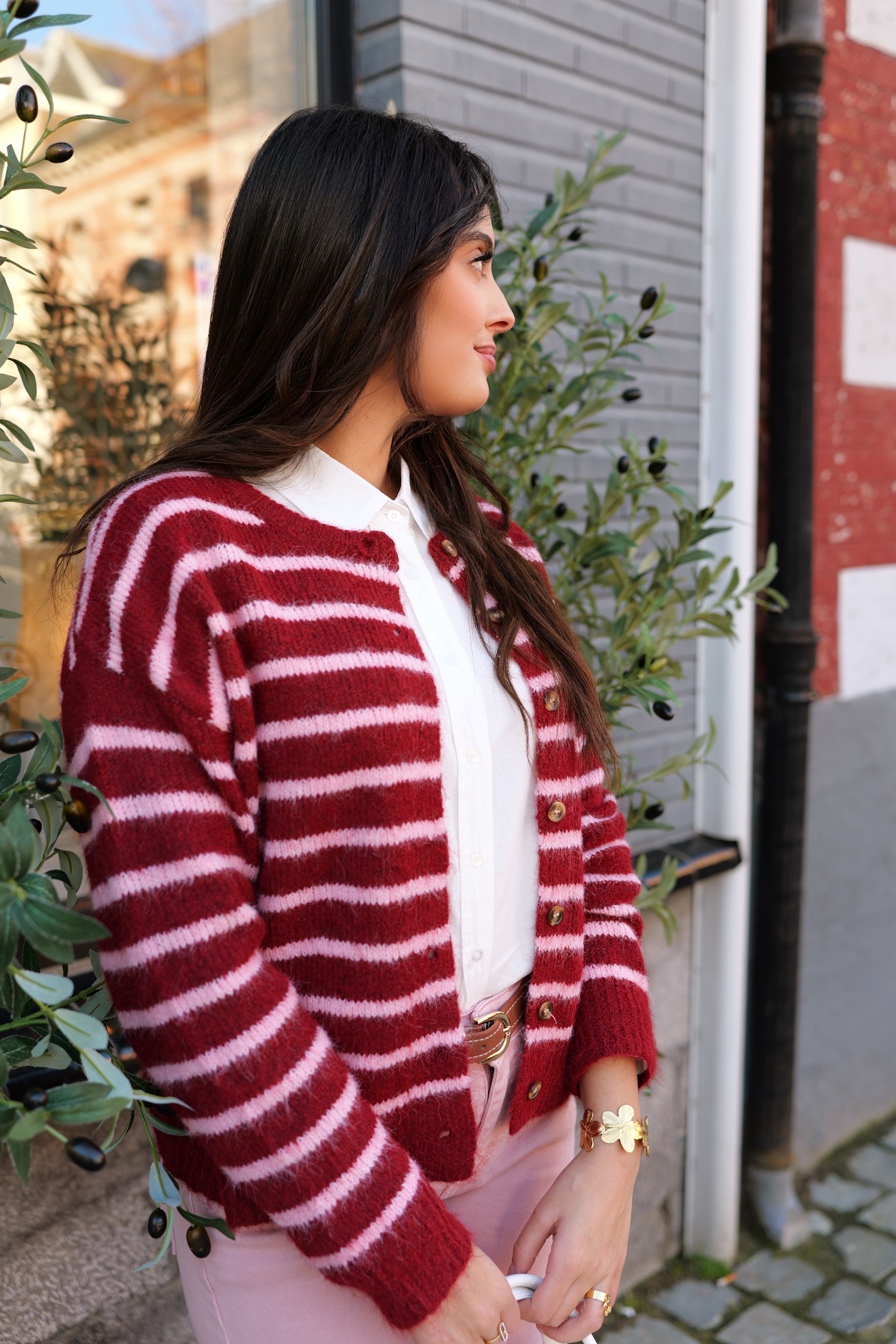 Gilet rayé bordeaux & rose