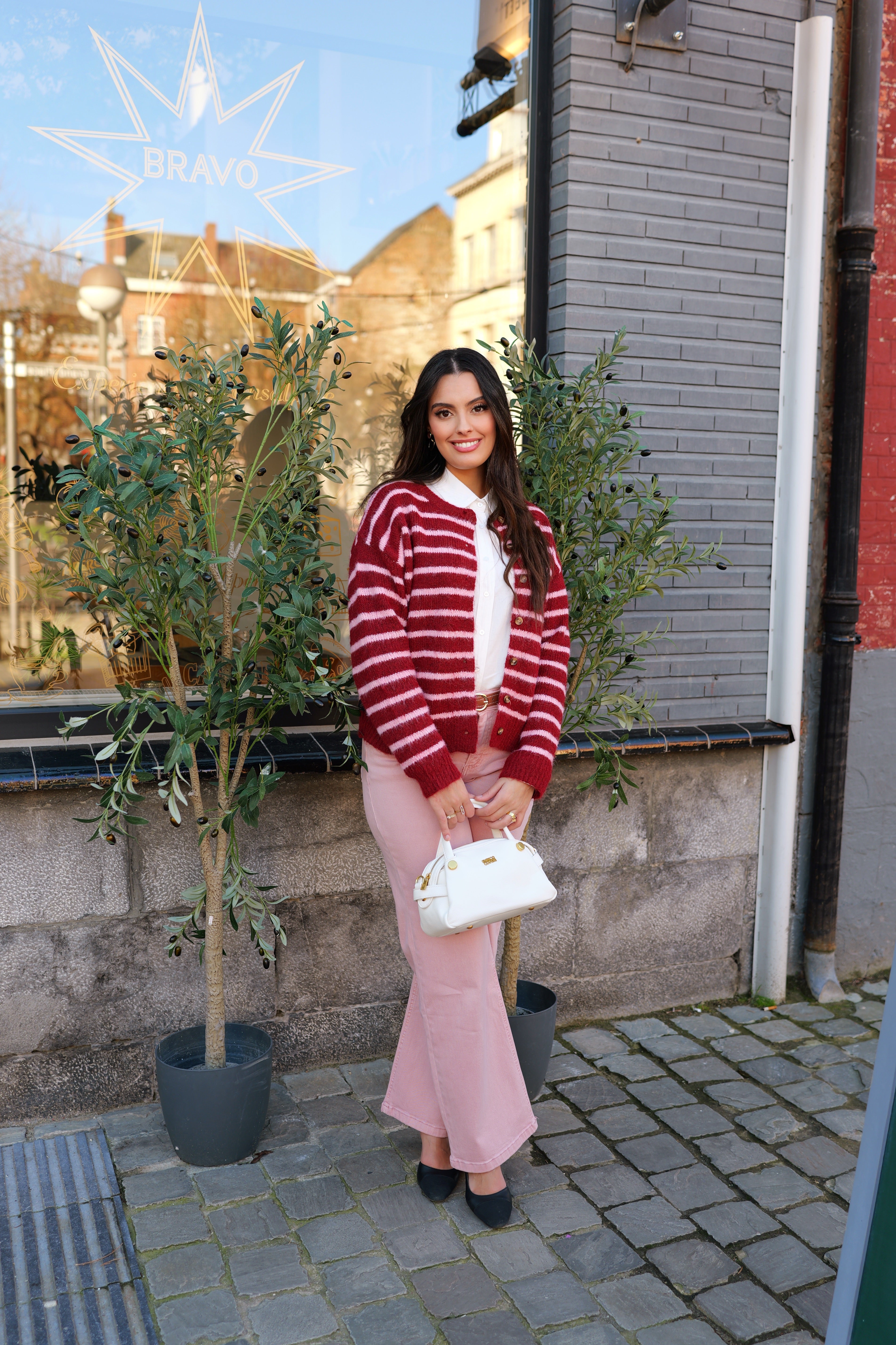 Gilet rayé bordeaux & rose