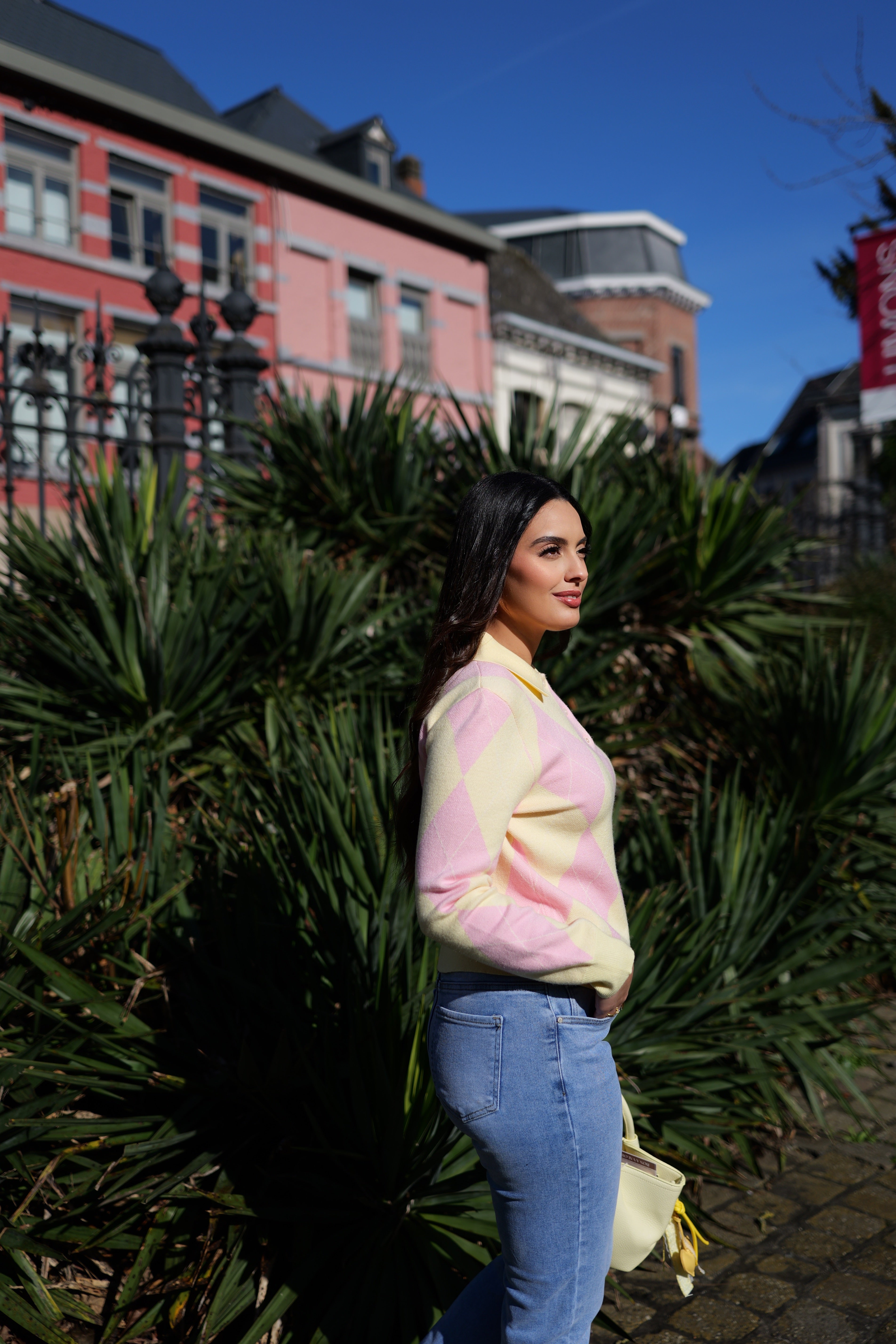 Pull col chemise motif losanges