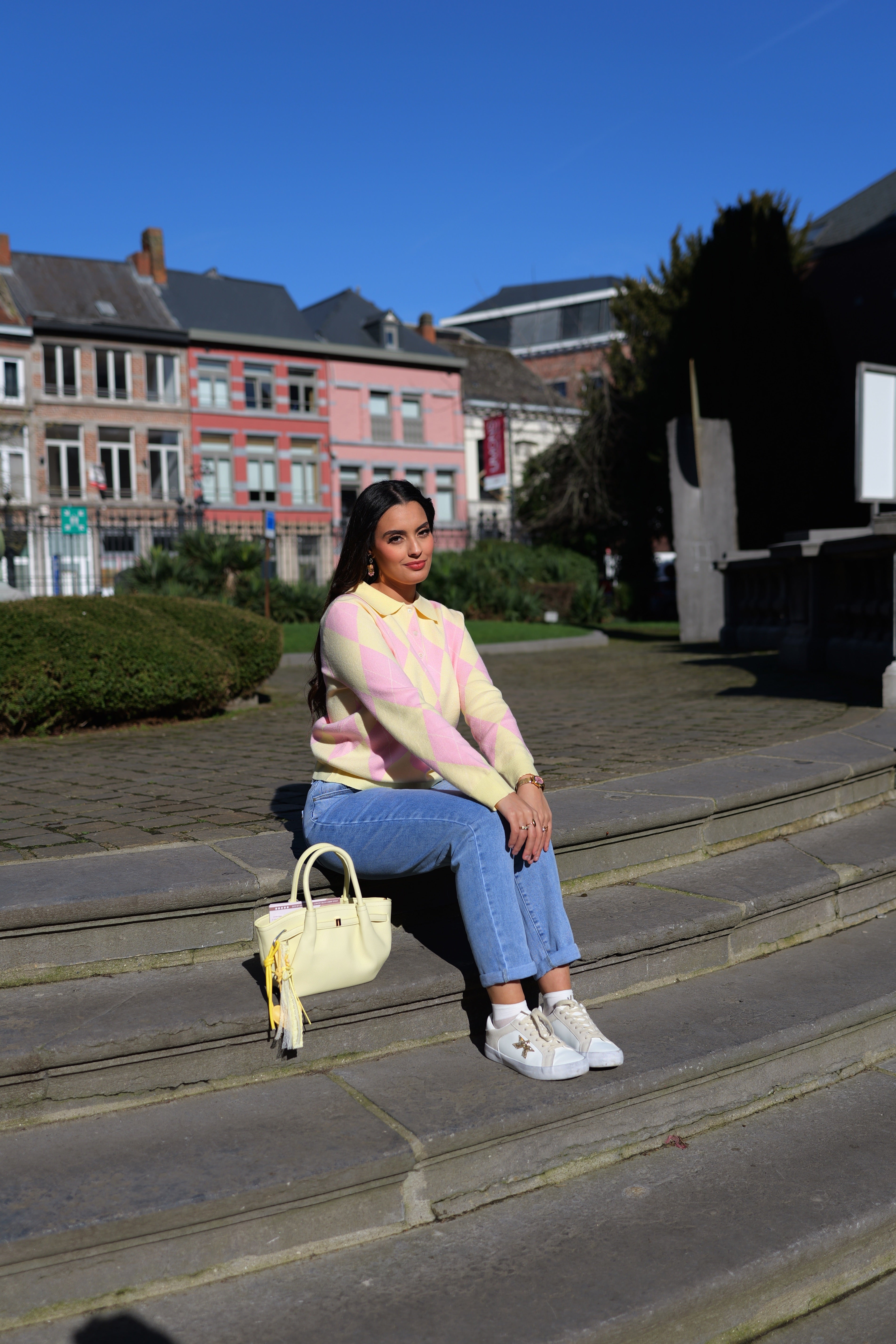 Pull col chemise motif losanges