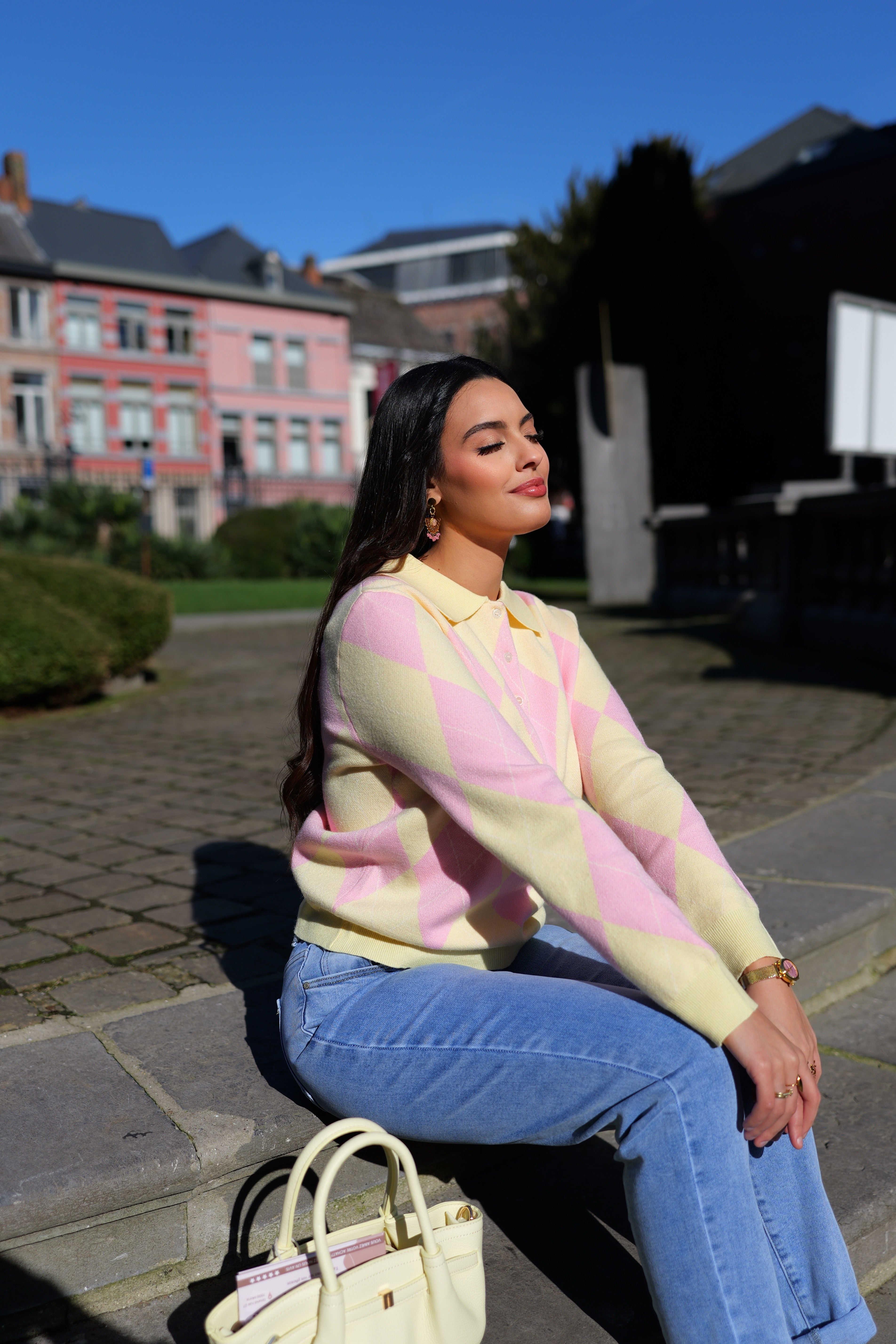 Pull col chemise motif losanges